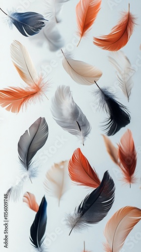 Colorful feathers in various shades scattered on a light background