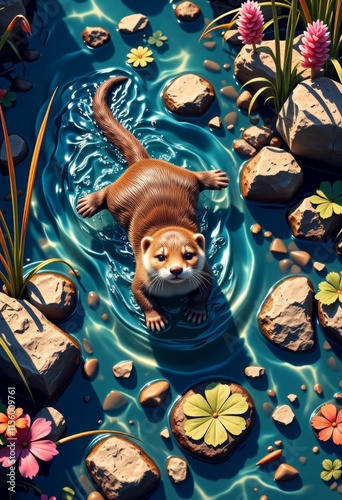 Otter Pup Playful Swim, Clear River Setting, Top View Sunlight, Vaporwave Aesthetic, Copy Space for Text for printing on a T-shirt photo