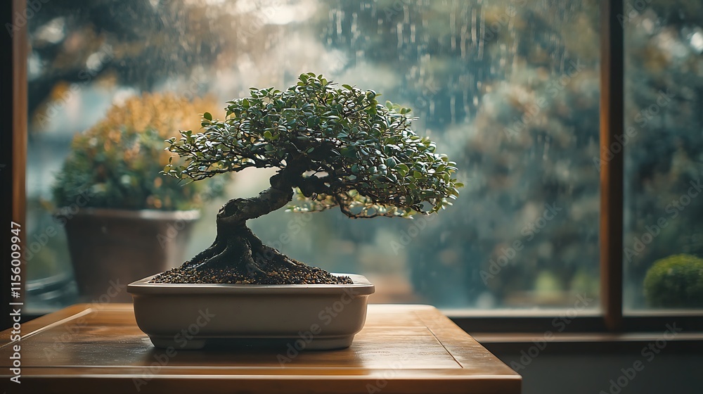 Miniature bonsai tree on wooden table by window, rain outside. Miniature bonsai tree on wooden table by window, rain outside.