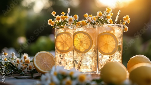 Elegant garden setting with floral arrangements and refreshing drinks during ...