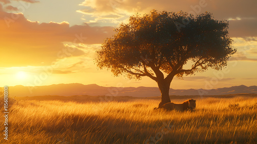 Adventurous safari landscape with a lion resting under a tree at golden sunset in the savannah photo