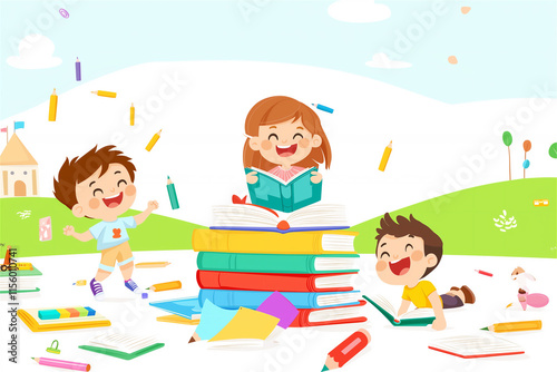 A cheerful teacher with children surrounded by books and papers, enjoying playful learning activities outdoors in sunny weather.