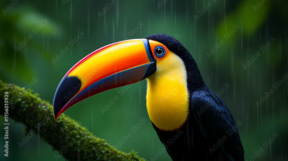 Toucan Perched in Tropical Rainforest Scene Toucan Perched in Tropical Rainforest Scene