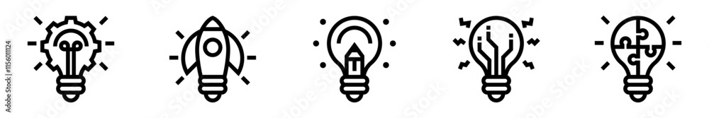 Innovation light bulbs icon set. Creative idea, technology, launch, solution, skill Innovation light bulbs icon set. Creative idea, technology, launch, solution, skill