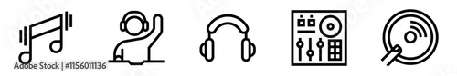 Electronic music icon set. DJ, headphones, mixer, sounds