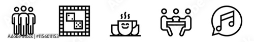 Social club icon set. Meeting, games, connections, entertainment