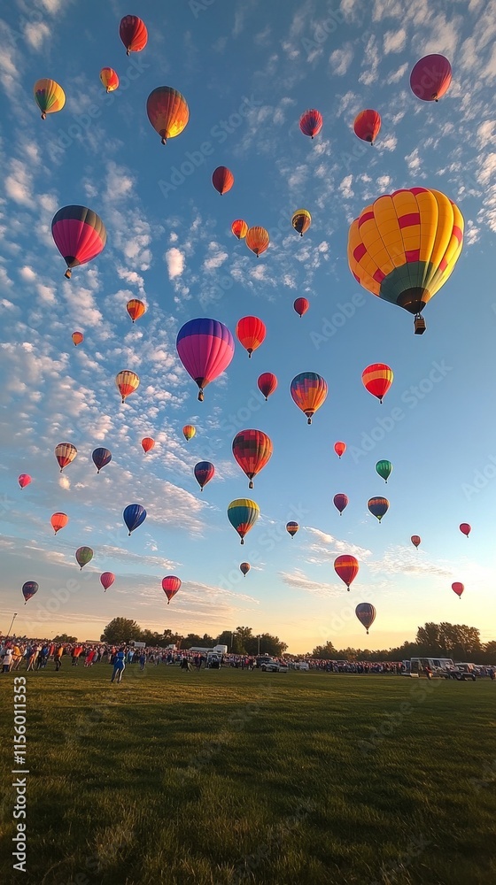 Obraz premium Colorful balloons floating in a blue sky under bright sunlight during a festive celebration