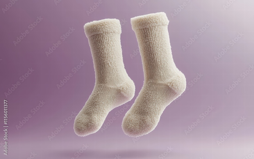 Fluffy beige woolen socks mockup, dynamically floating mid-air, pastel lavender background Fluffy beige woolen socks mockup, dynamically floating mid-air, pastel lavender background