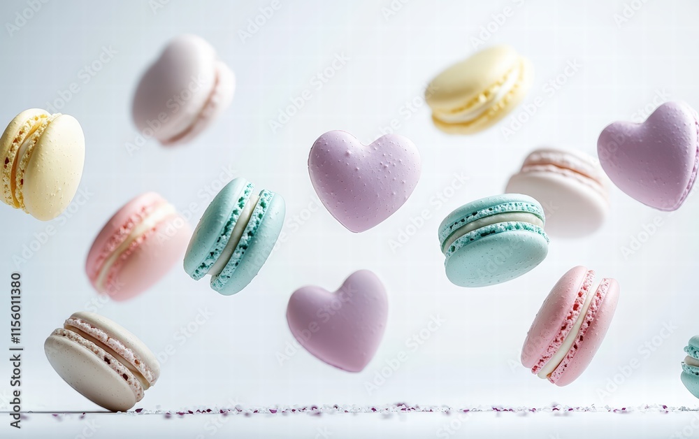Fototapeta premium Floating heart-shaped macarons in pastel colors, arranged in an artistic mid-air pattern on a soft white background for Saint Valentines Day