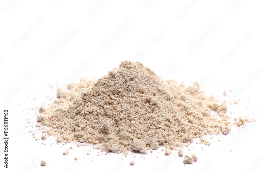 Integral spelt flour pile, isolated on white, side view Integral spelt flour pile, isolated on white, side view