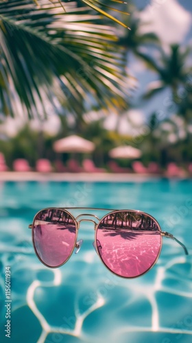 Pink sunglasses float on the surface of a sparkling swimming pool with tropic...
