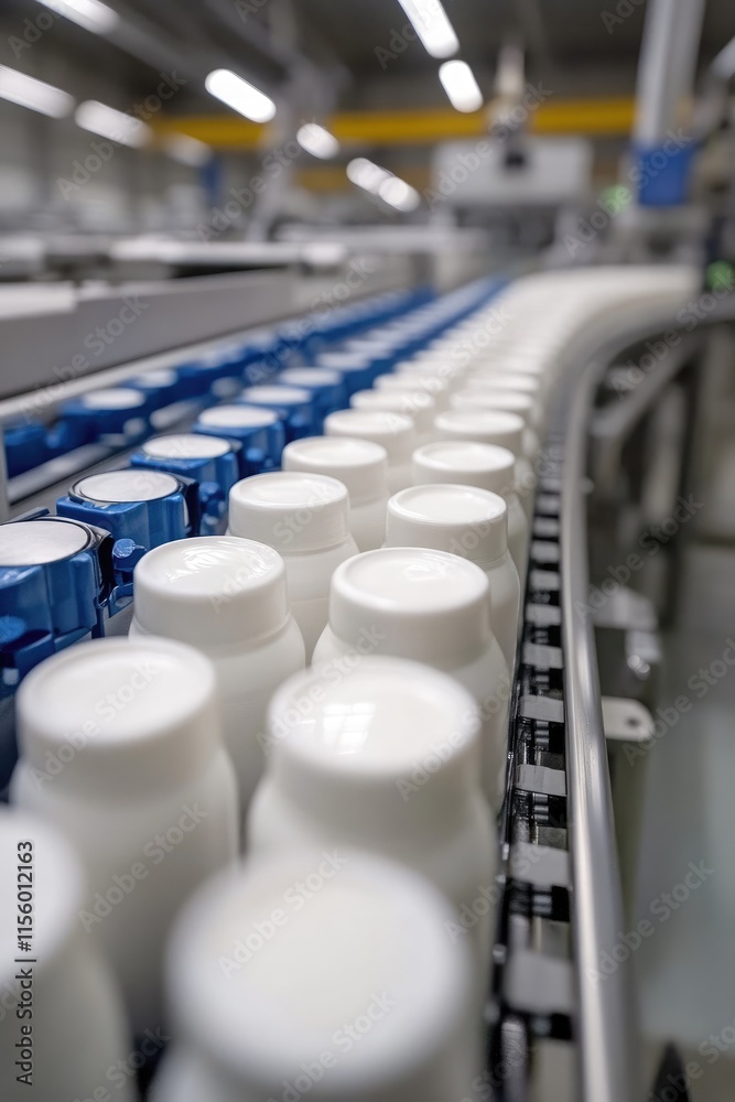 A conveyor belt transporting white bottles in a manufacturing facility.