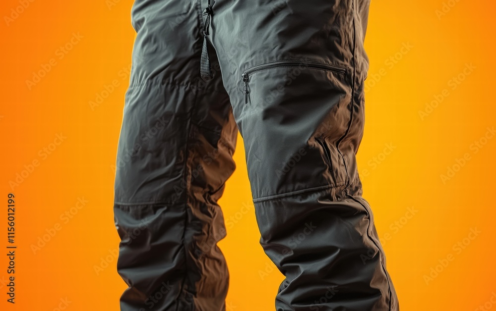 Puffy dark grey snow pants mockup, slightly angled, bright orange background Puffy dark grey snow pants mockup, slightly angled, bright orange background