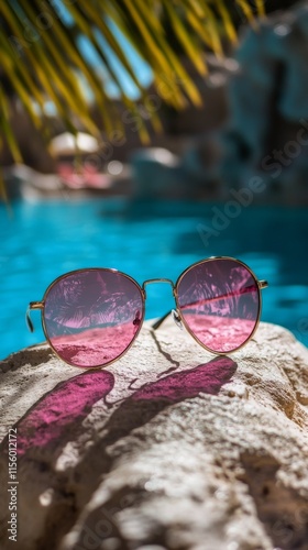 Pink sunglasses float on the surface of a sparkling swimming pool with tropic...