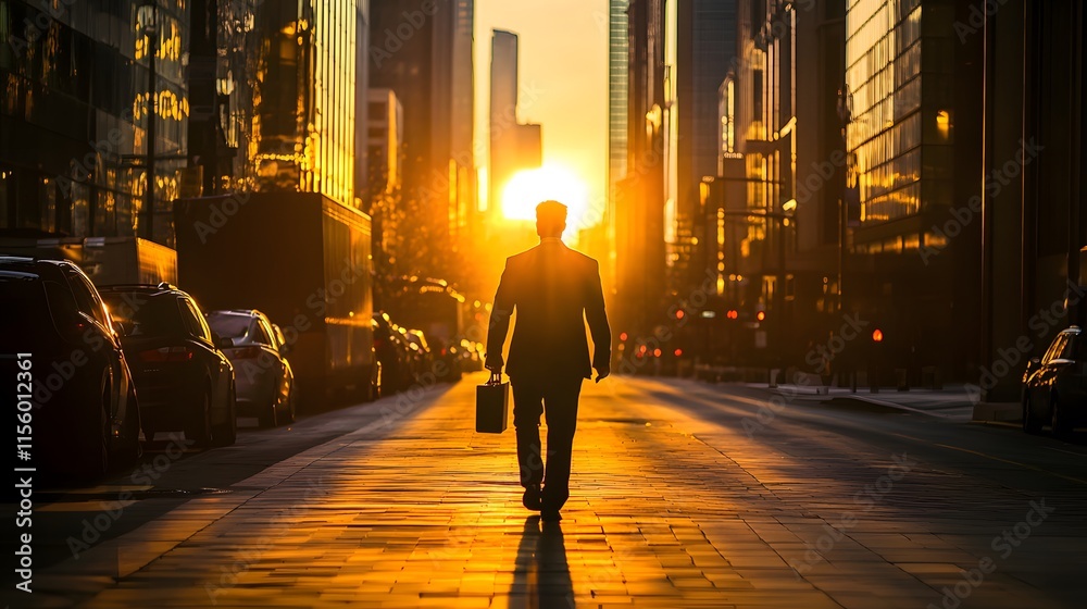 Businessman Walking Towards Sunset Cityscape Businessman Walking Towards Sunset Cityscape