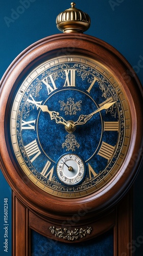 Intricate clock face with stunning blue background featuring ornate golden de...