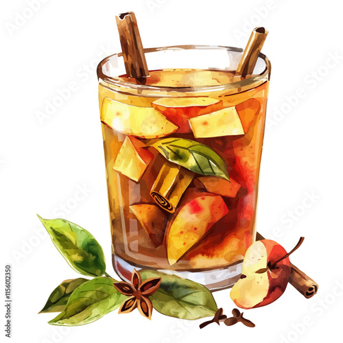 A watercolor vector of a glass of apple cider with cinnamon and cloves, isolated on a white background. Apple cider vector.
