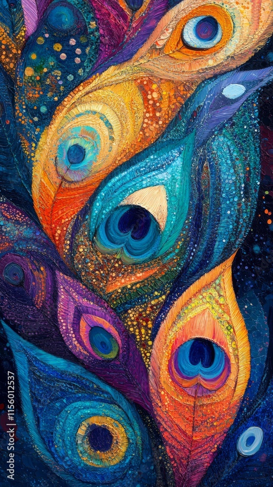 Colorful abstract design featuring peacock feathers with vibrant patterns in a dark background