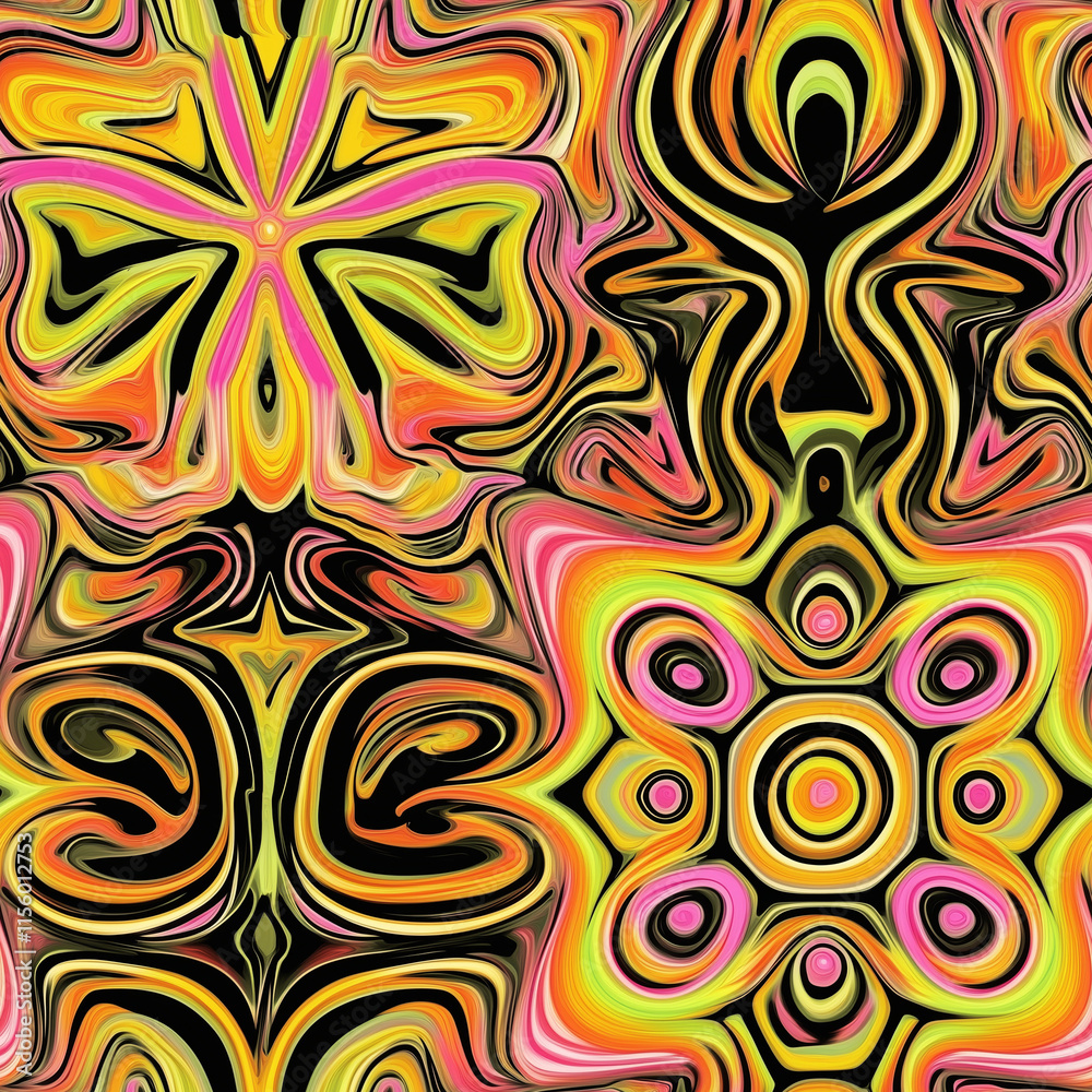 Fototapeta premium Neon colored yellow, black and pink orange swirl seamless pattern