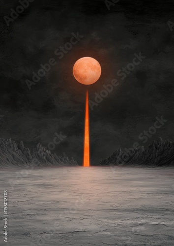 A large orange moon is in the sky above a desolate landscape photo