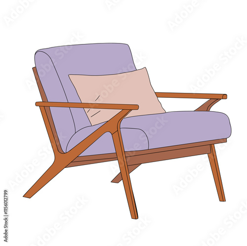 Purple armchair with wooden frame and pink pillow. Mid century modern retro furniture element for interior design. Vector hand drawn colored outline illustration isolated on transparent background