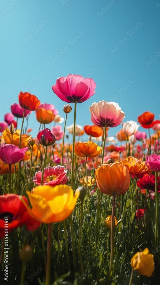 Fototapeta premium Colorful wildflower field under a bright blue sky in springtime