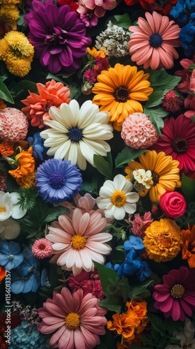 Colorful variety of blooming flowers in a vibrant arrangement showcasing natu...