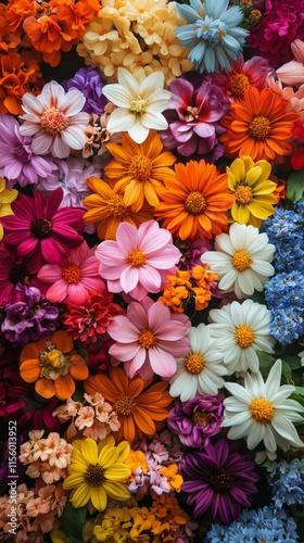 Colorful variety of blooming flowers in a vibrant arrangement showcasing natu...
