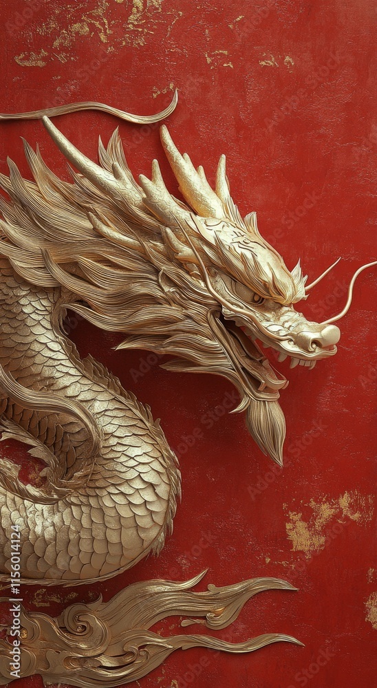 Stunning golden dragon artwork on a vibrant red background showcasing intricate design and craftsmanship Stunning golden dragon artwork on a vibrant red background showcasing intricate design and craftsmanship