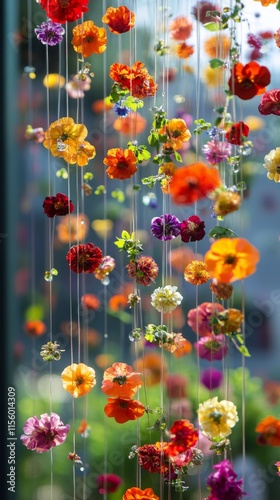 Colorful hanging flowers create a vibrant indoor display in a sunlit room