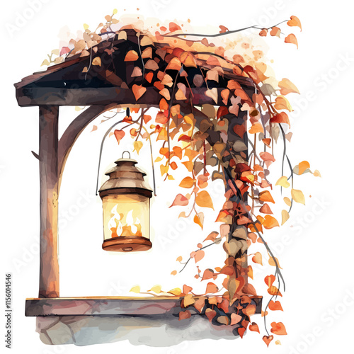 A watercolor vector of a glowing lantern hanging on a porch covered in autumn leaves, isolated on a white background. Autumn lantern vector.
