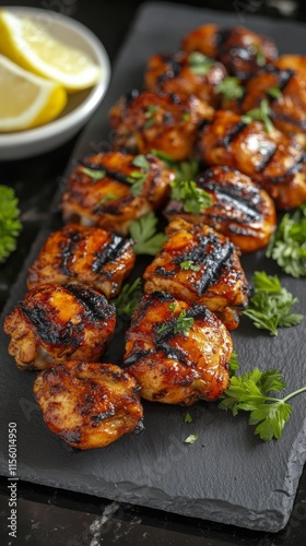 Grilled chicken pieces garnished with herbs and lemon slice on a serving platter