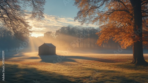 Majestic tree with sun rays shining through at dawn in a tranquil valley