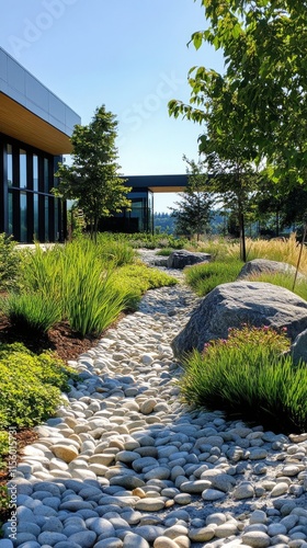Tranquil garden path with stones and greenery during golden hour