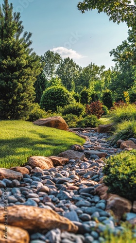Tranquil garden path with stones and greenery during golden hour