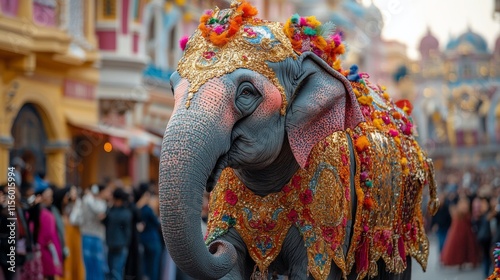 Colorful elephant adorned with decorations parades through a bustling street ...