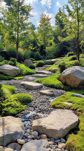 Tranquil garden path with stones and greenery during golden hour