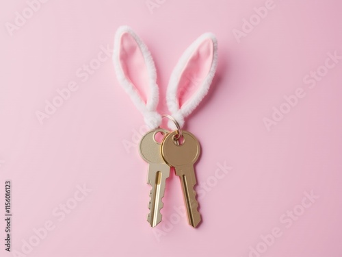 Golden keys hanging from fluffy bunny ears on pink background symbolizing easter holiday