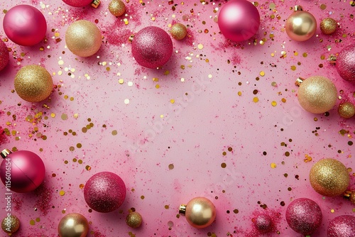 Colorful glittery ornaments on a pink surface with festive confetti for holid...
