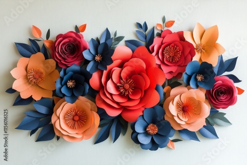 Colorful paper flower wall art display with intricate designs and vibrant hues