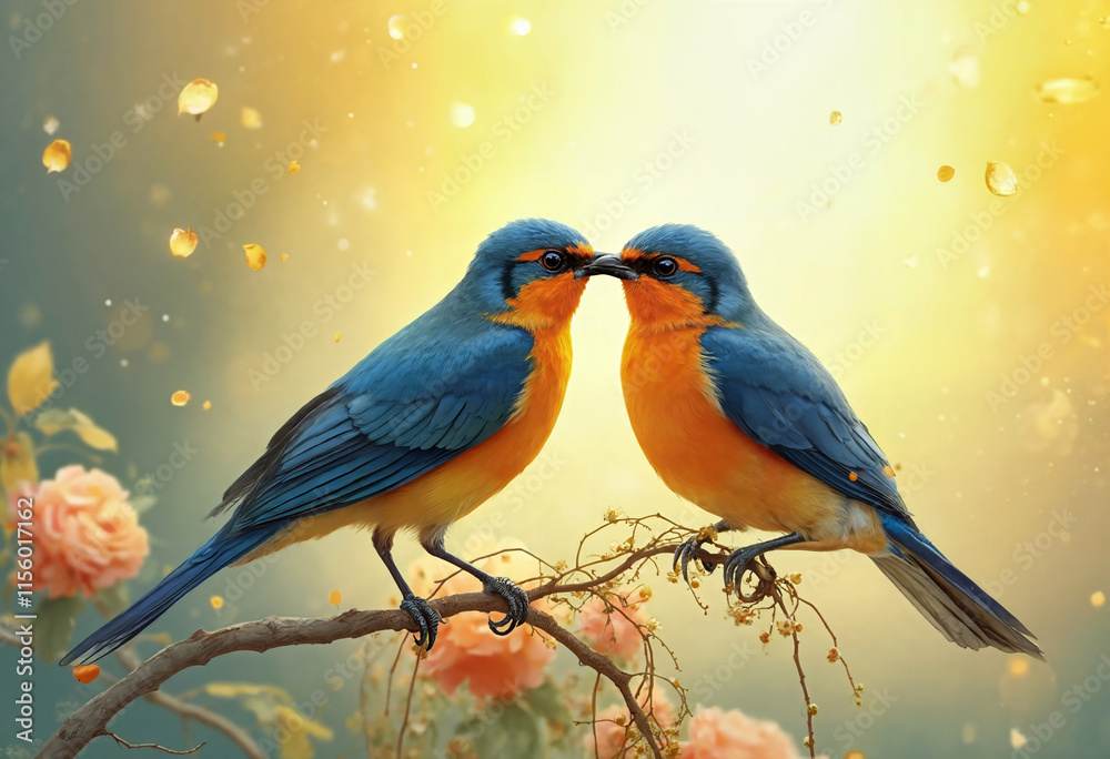 Obraz premium Two vibrant blue and orange birds are perched on a branch, their beaks touching, against a backdrop of a softly glowing yellow and green sky with scattered water droplets.