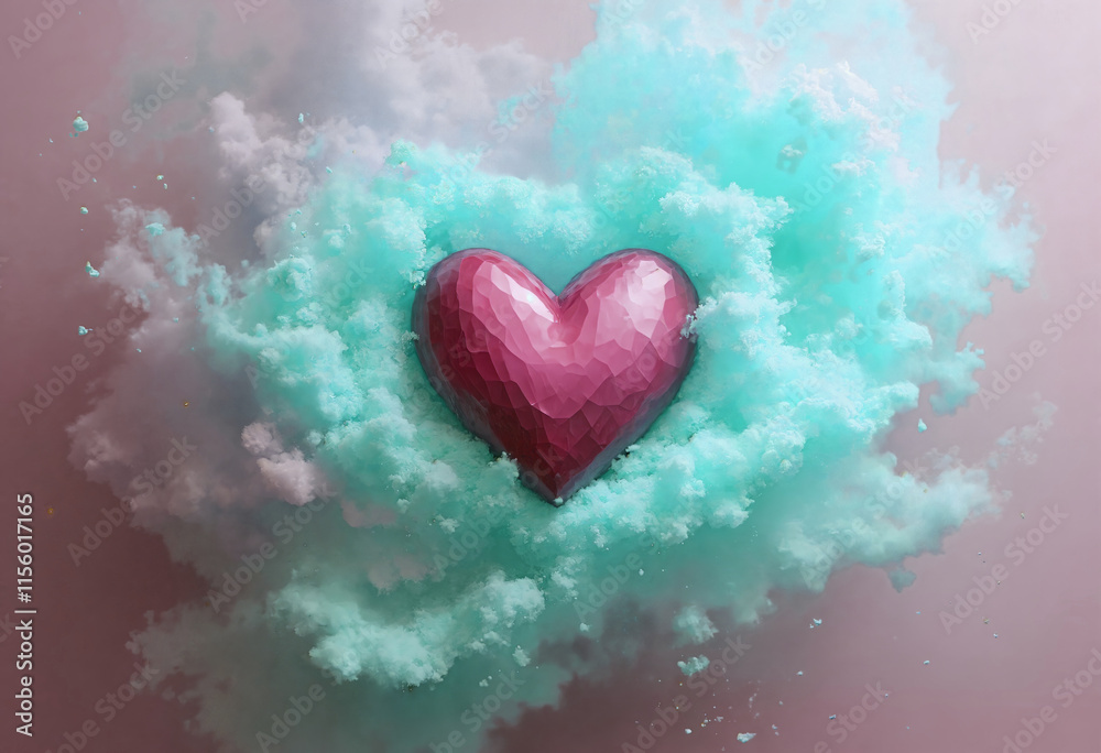 A 3D rendered image featuring a pink heart-shaped object surrounded by a cloud of light blue foam or snow, with a pink and blue gradient background. A 3D rendered image featuring a pink heart-shaped object surrounded by a cloud of light blue foam or snow, with a pink and blue gradient background.