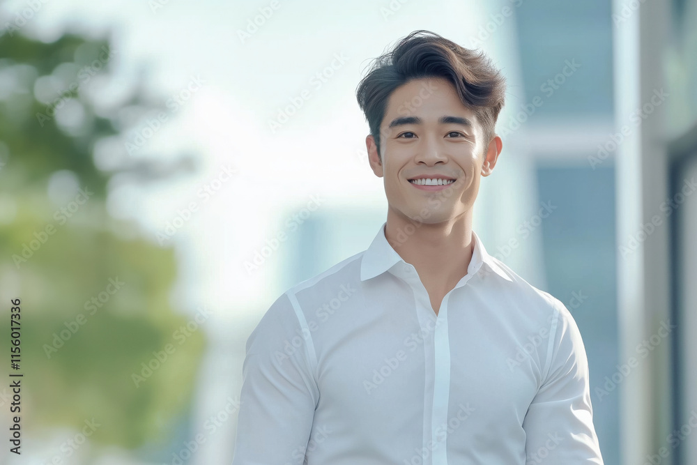 On the right, near a modern city building, stands a handsome young man of Asian appearance. A man goes to work. Advertising banner. On the right, near a modern city building, stands a handsome young man of Asian appearance. A man goes to work. Advertising banner.