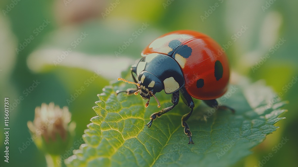 Obraz premium Ladybug resting on a leaf in a sunlit garden during springtime