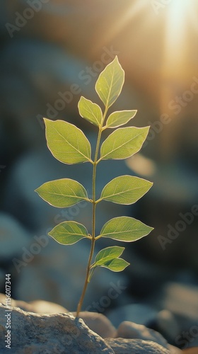 Green plant reaches for sunlight amid natural rocky surroundings during golde...