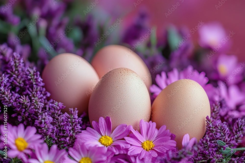 Two speckled eggs nestled among vibrant purple flowers in a natural setting Two speckled eggs nestled among vibrant purple flowers in a natural setting