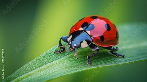 Ladybug resting on a leaf in a sunlit garden during springtime