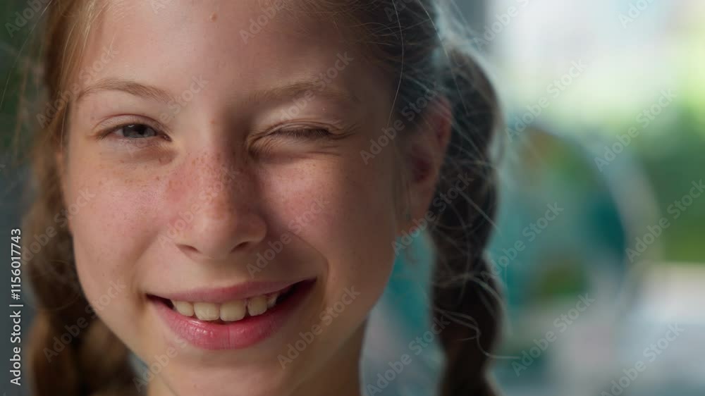 Close up happy positive joyful Caucasian little school girl child smiling student kid schoolgirl learner pupil daughter looking at camera smile wink one eye winking blink secret education study inside Close up happy positive joyful Caucasian little school girl child smiling student kid schoolgirl learner pupil daughter looking at camera smile wink one eye winking blink secret education study inside