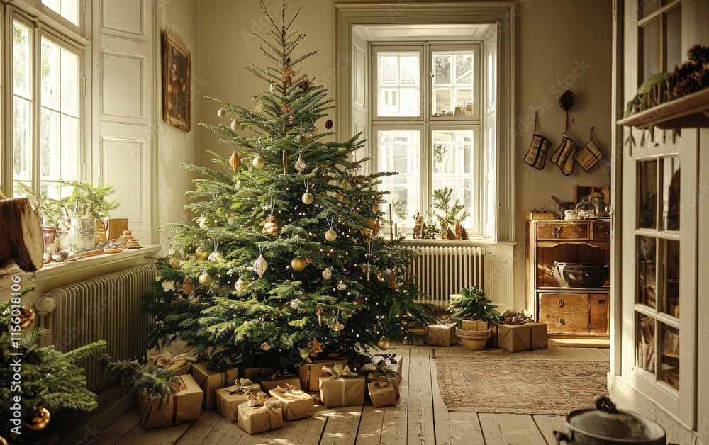 Scandinavian-style interior with a green Christmas tree adorned with neutral and wooden decorations, cozy and bright atmosphere