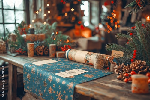 Cozy Christmas Wrapping Station with Pinecones and Berries.